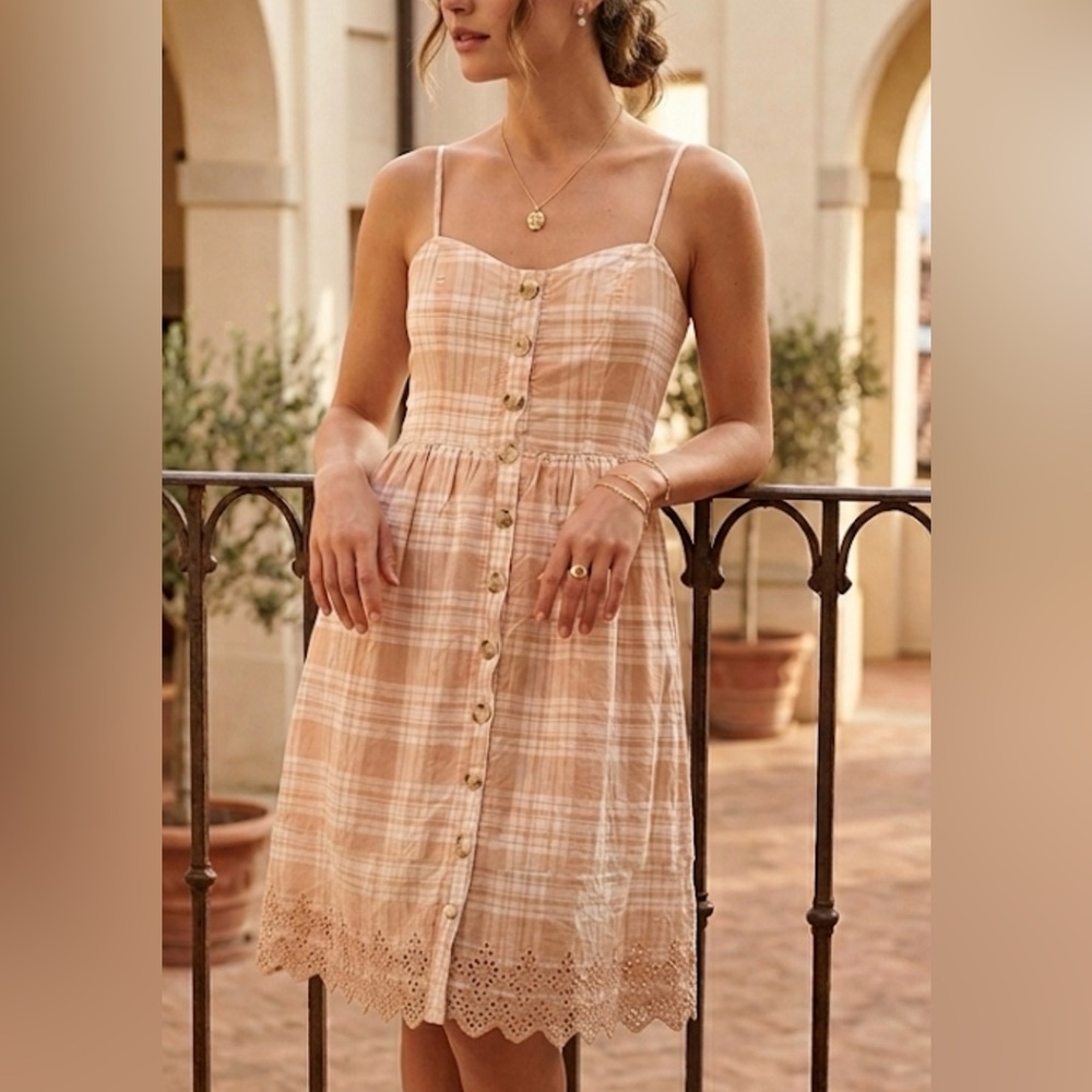 Harper Heritage Luca F51 Peach Plaid Eyelet Lace Hem Mini Dress XS Smocked Back‎